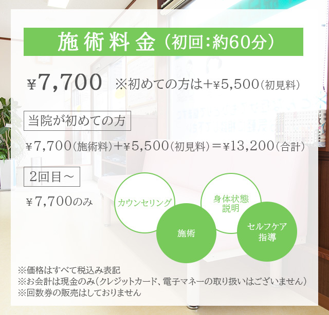 初見料5500円+施術料7700円　2回目以降7700円